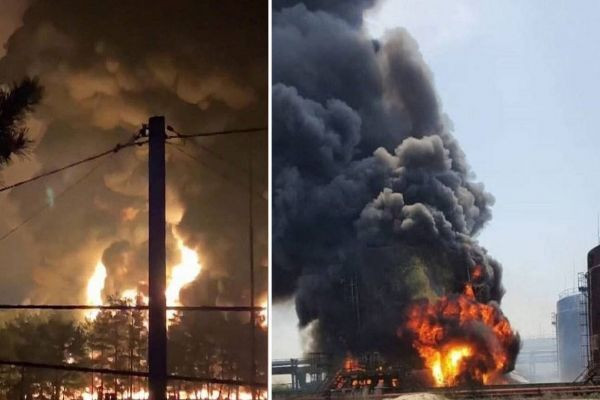 Bryansk Region, Russia: oil depot on fire